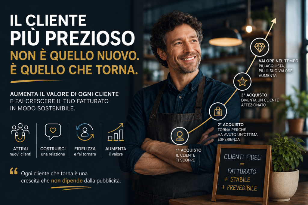 Imprenditore osserva un grafico in crescita mentre una relazione con il cliente continua nel tempo, rappresentando l'aumento del valore del cliente e del fatturato.
