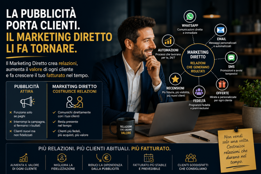 Imprenditore che costruisce una relazione con un cliente attraverso diversi canali di comunicazione, rappresentando il concetto di Marketing Diretto.